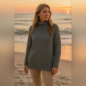 J. Jill M Oversized Mock Neck Sweater Open Knit Pistachio Green Beige Preppy